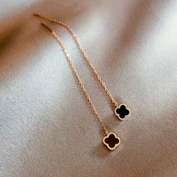 Jewelry - Delicate Rose Gold Threader Long Chain Four Leaf Clover Earrings